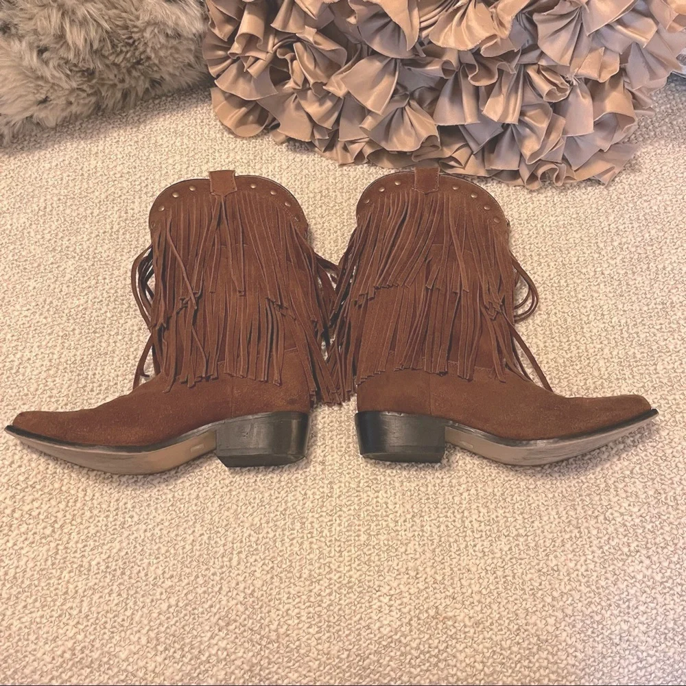 Smoky Mountain Wisteria Suede Studded Kids Brown Western Cowboy Fringe Boots 4